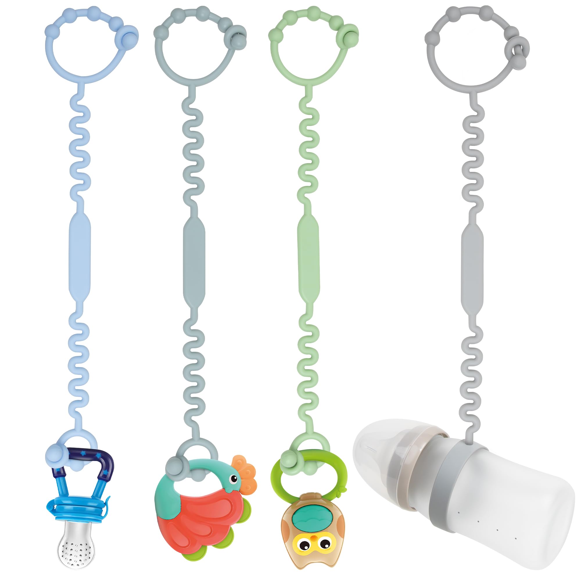 Toy Straps for Baby, Pacifier Holder Clip with Self-Adjusting Bayonet, Pure Silicone Material Without BPA; Can Be Used for Teethers, Feeding Bottles, Toys, Baby Cribs, High Chairs (4 pcs)
