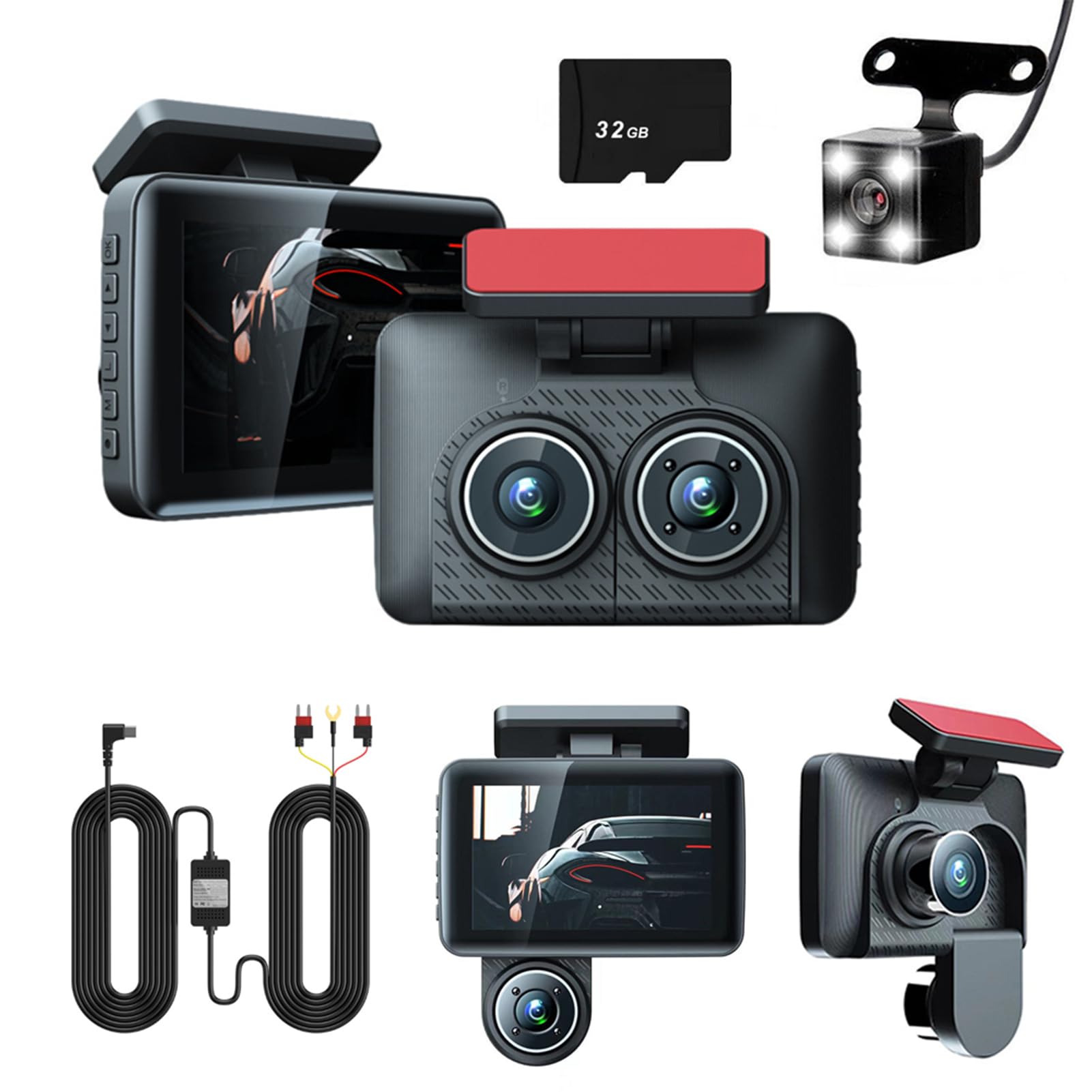 Dash Cam a 3 Per canali DVR per auto a 3 obiettivi, anteriore e posteriore, registratore interno per auto, registratore video, telecamere per, sensore G
