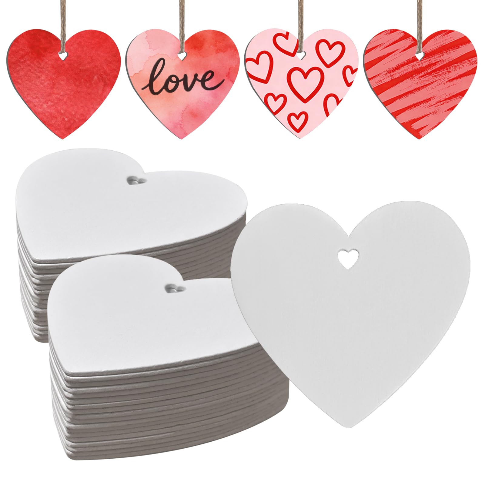 48 x Wooden Hearts with Holes Crafts, 70MM White Wooden Hearts 10M String