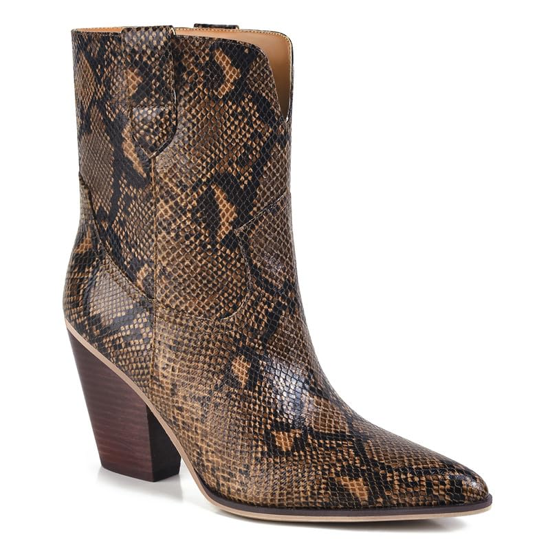 Snakeskin Ankle Boots for Women Pointed Toe Snake Booties Chunky Block Heel Pull on Snake Skin Fall Short