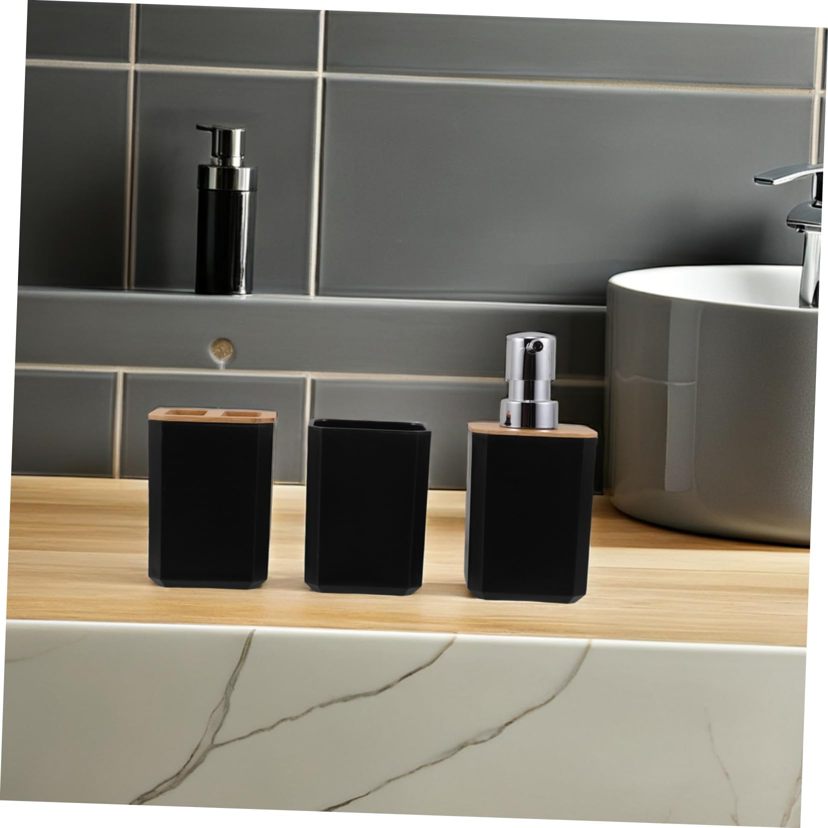 UKCOCO Baño de Bambú Set de Accesorios para Baño Dispensador de Jabón Soporte para Cepillo de Dientes para Decoración Moderna del Hogar o Hotel Incluye Vaso de Lavado