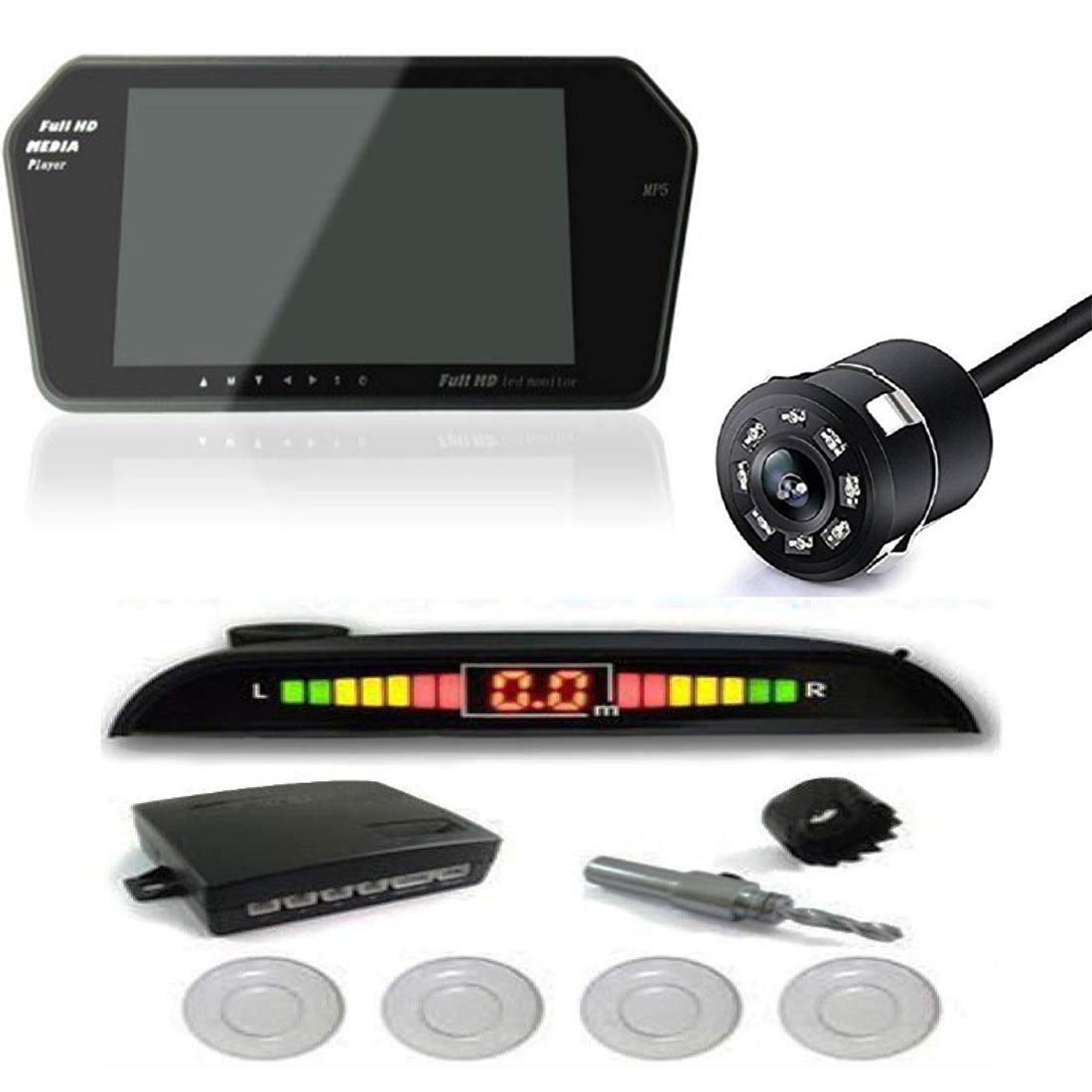 True Vision 7Inch Rear View Mirror Screen with Parking Sensor & 8 Led
