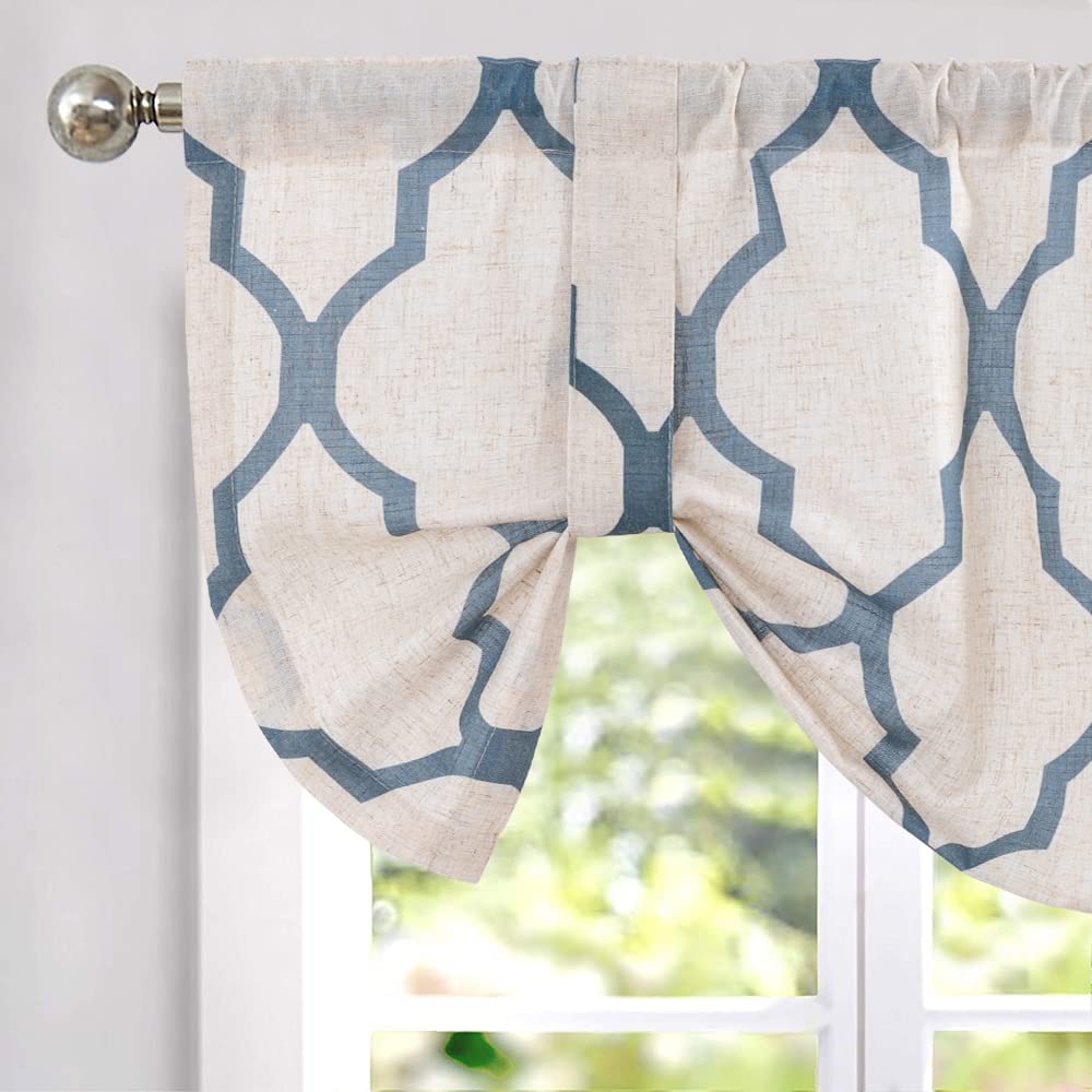 TOPICK Cortina Corta para Cenefa Ventana con Cordones de Tiro con Estampado Geométrico con Bolsillo para Varilla Opaca Lino Aptas para Bistró Comedor Baño Azul Juego de 1 Unidades 130 x 45 cm