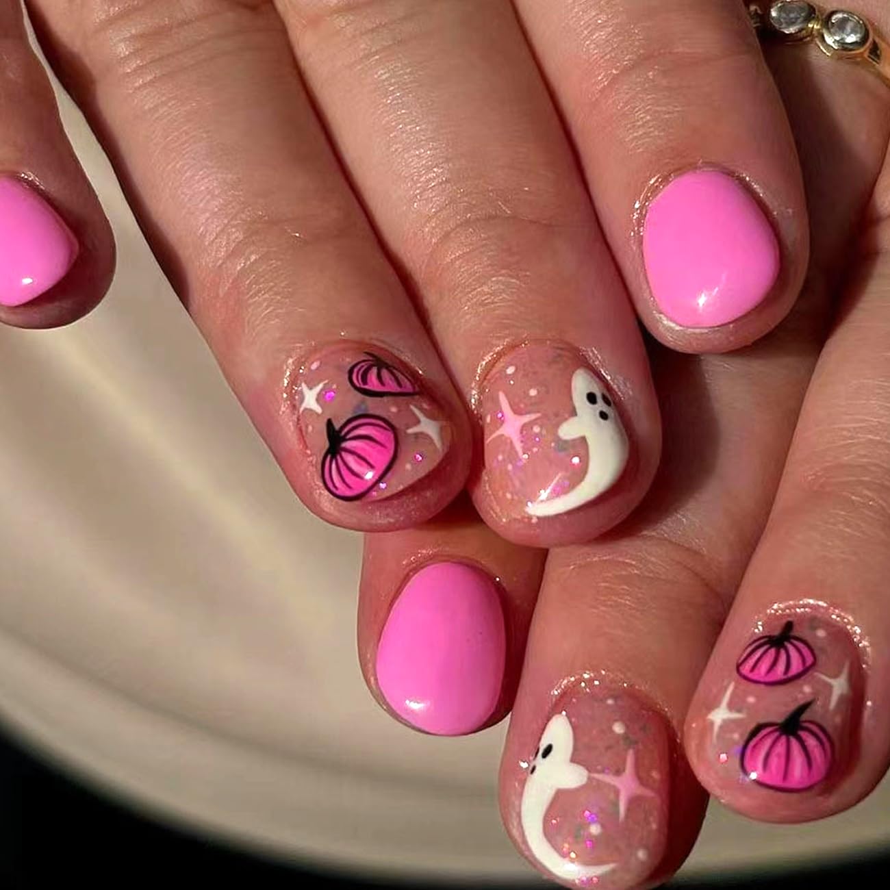 Halloween Press on Nails Short Almond Fake Nails with Pink Star Ghost Pumpkin Design, Square Nail Glossy Nude False Nails Gel Glue on Nails Stick on