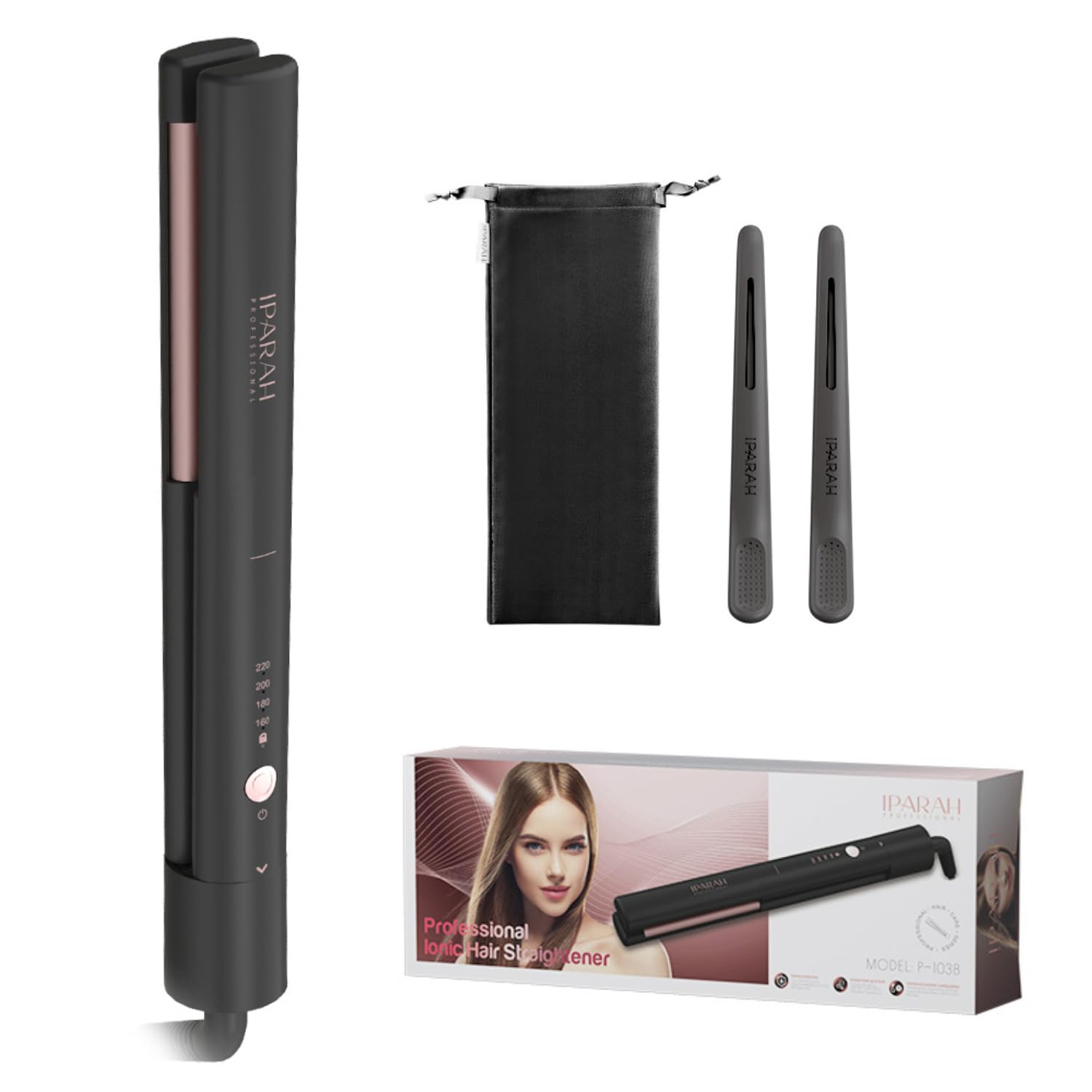 P-103 Professional Ionic Hair Straightener ceramic rounded plate Anti-scalding design All Hair Types 4 grades LED setting 160°C-180°C-200°C-220°C Adjustable Temp 10 million negative ions, Red-image-8