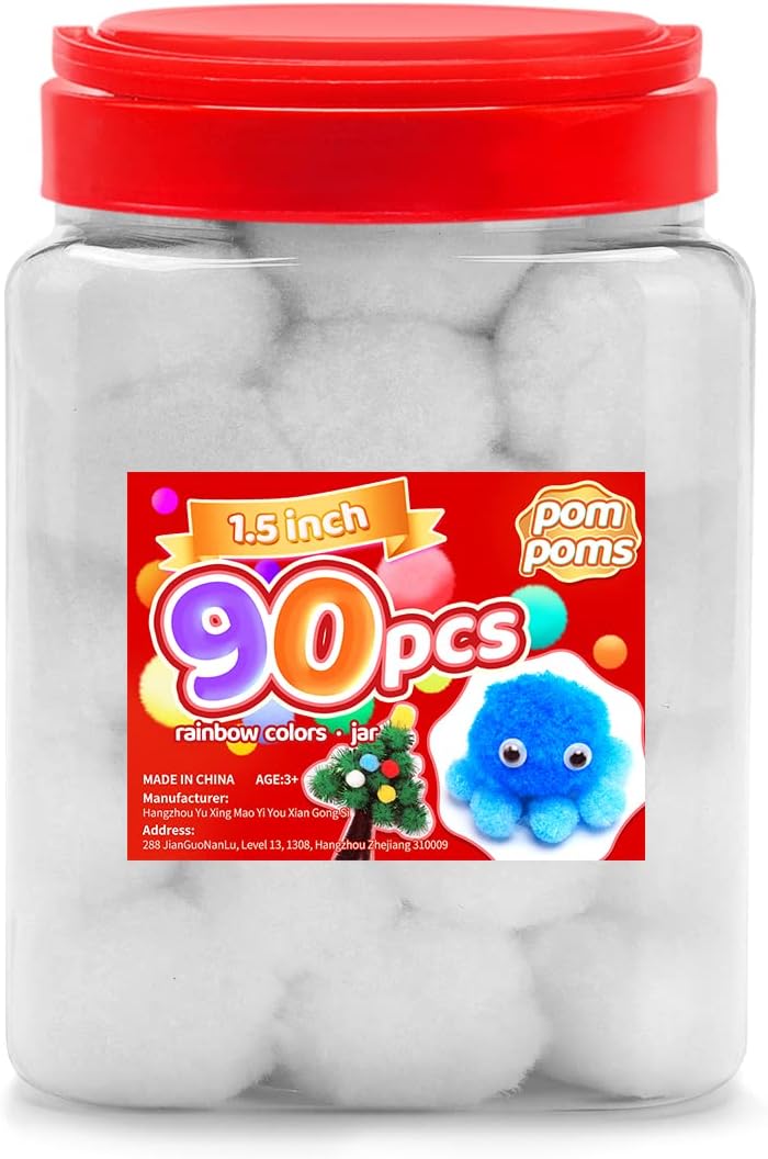 Iooleem Large Pom Poms, 1.5 inch(4cm), 90pcs White Pom Poms