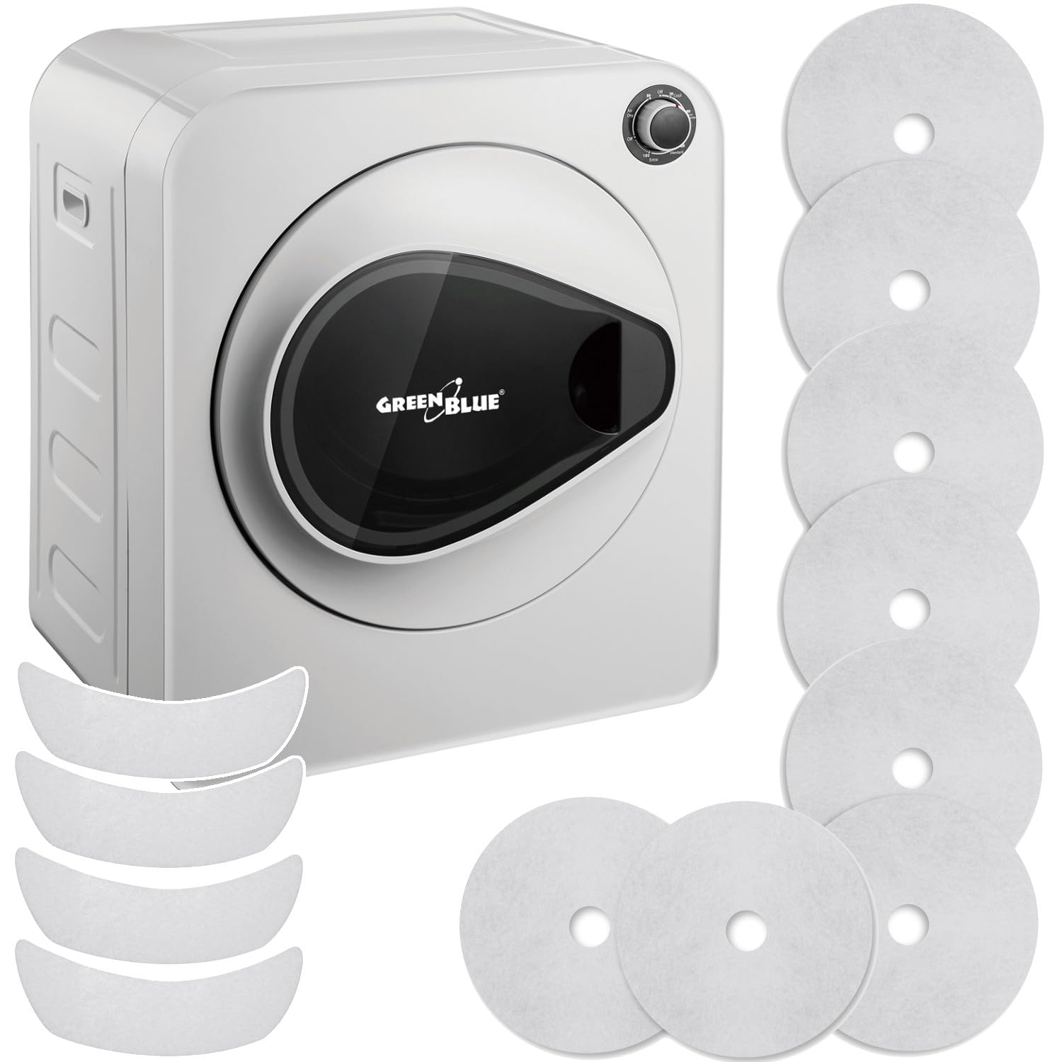Green Blue GB405 Secadora de Ropa hasta 3kg | Secadora Eléctrica 830W de Evacuación | Independiente o de Pared Cinco Programas de Secado (Secadora GB405 + 4x Filtro)