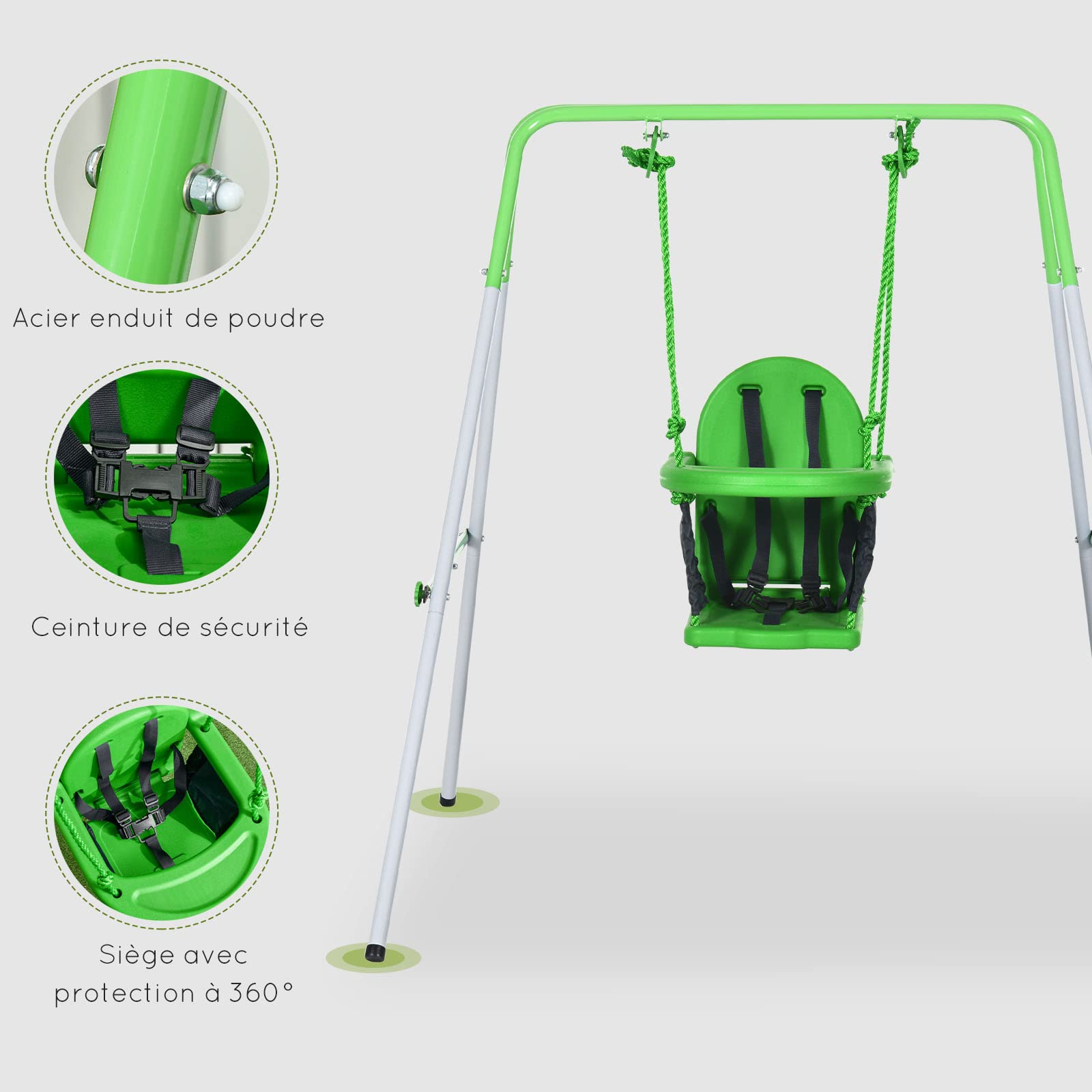 Outsunny Balançoire Portique pour Enfants 6 à 36 Mois 25 Kg 122 cm Vert | En Acier, avec Pieds Antidérapants, Usage Extérieur et Intérieur