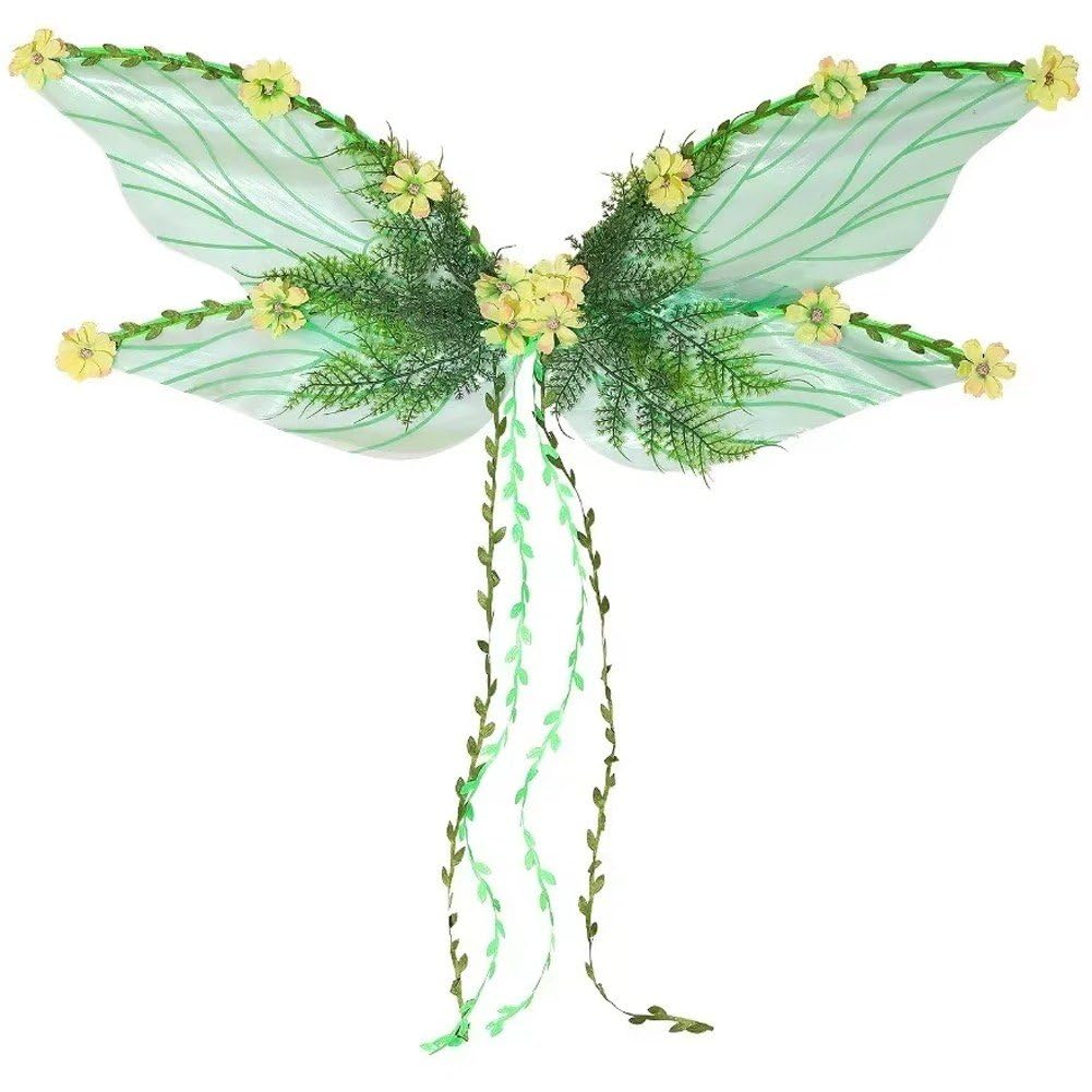 Sslvya Fairy Wings for Adults Women, Green Flowers Butterfly Wings Fairy Costume for Dress Up Halloween Cosplay