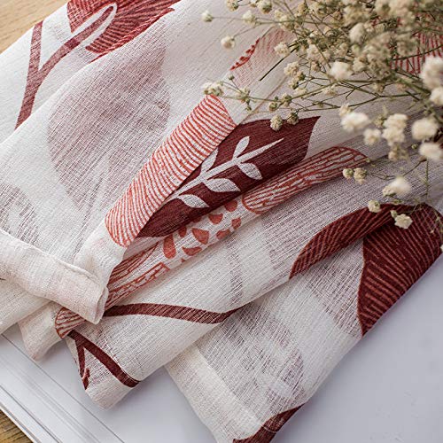 Mrtrees Sheer Tier Curtains Kitchen 24 Inches Long Burgundy Red Flower & Leaves Printed Flax Linen Blend Textured Cafe Curtains Half Window Curtains Bathroom 2 Panels Rod Pocket Print Short Curtains #TOP4