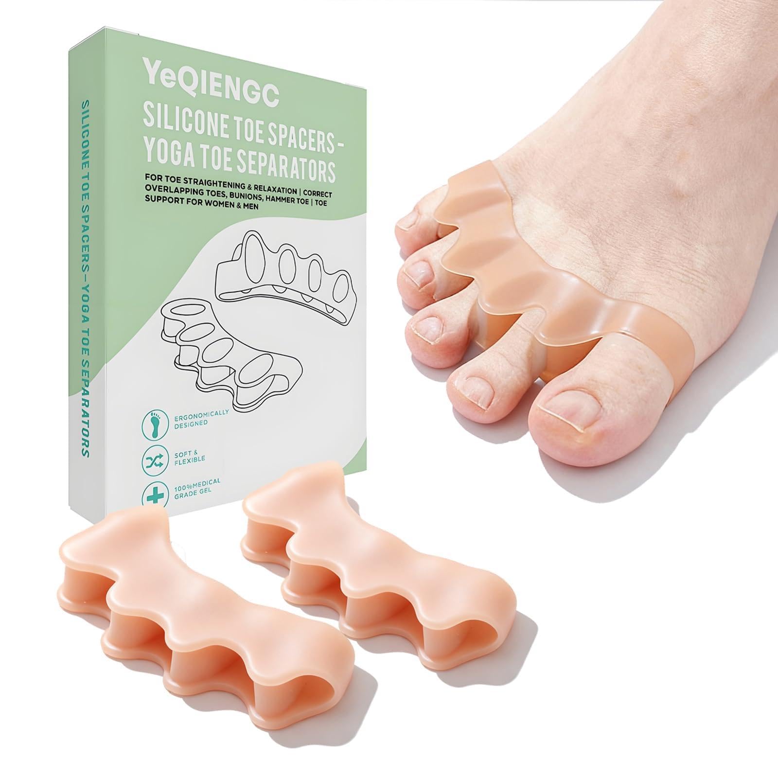 Silicone Toe Spacers (2-Pack) for Bunion Pain Relief & Hammer Toes, Toe Straightener Corrector for Overlapping Toes, Flexible Gel Toe Separators for Daily Comfort & Yoga,Nude