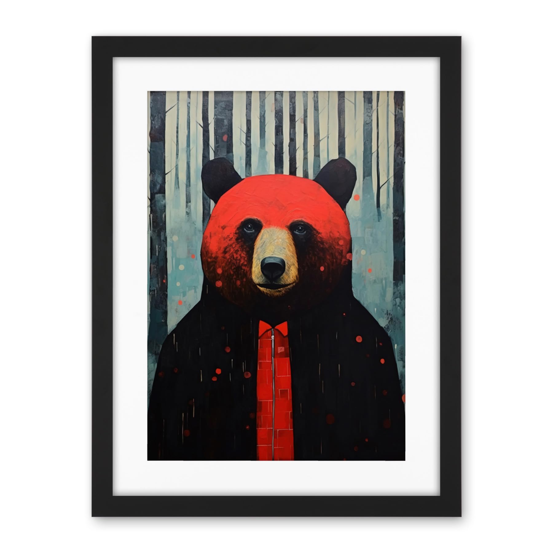 Artery8 Hipster Red Bear Artwork Oil Painting Black Blue Artwork Forest Trees Artwork Framed Wall Art Print 18X24 Inch