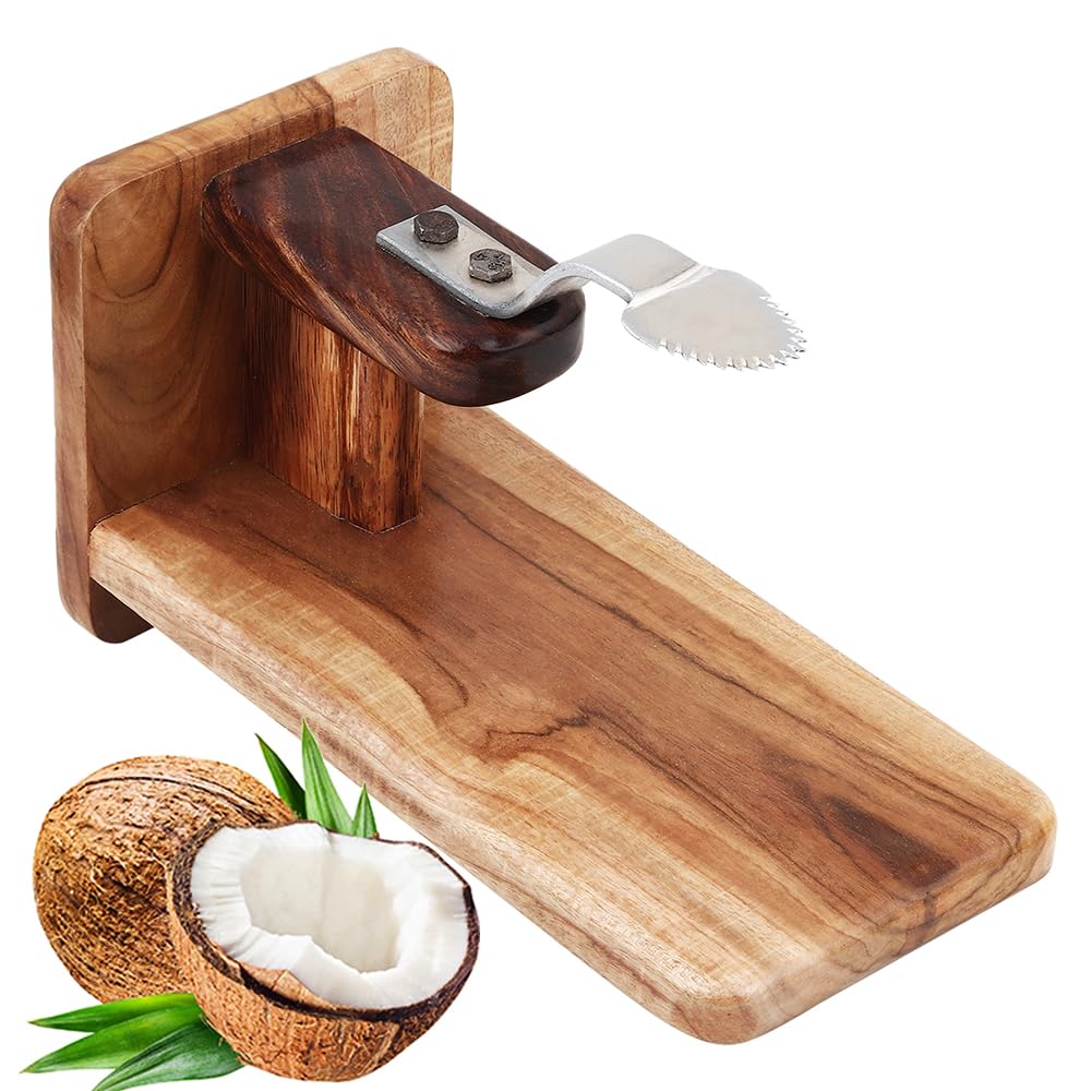 Wemgo Nilambur Teak Polished Wooden Table Top Coconut Scraper Chirava Grater Thengai Thuruvi, Stainless Steel Blade