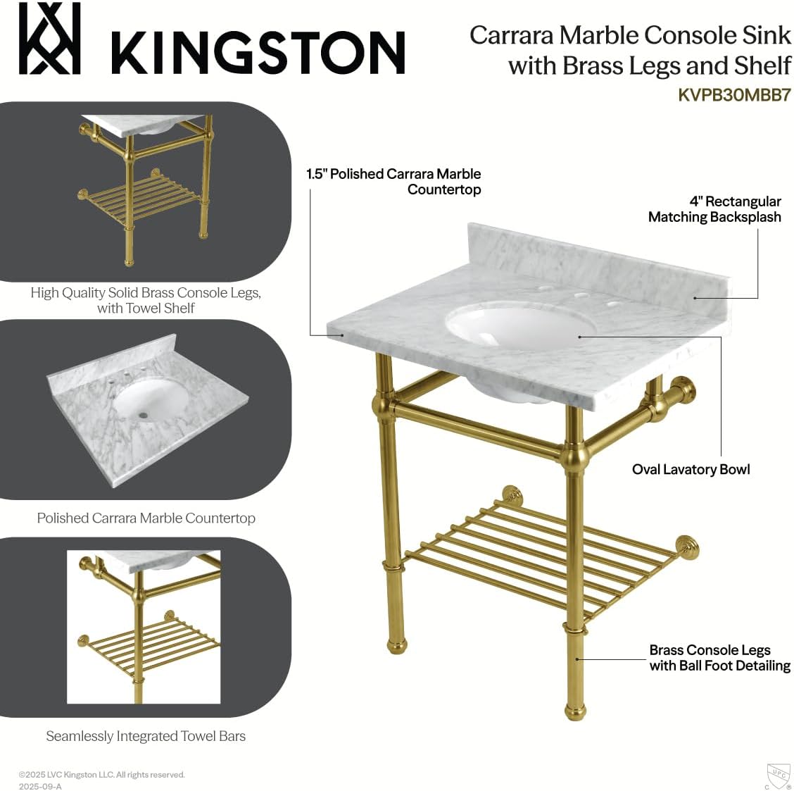Kingston Brass KVPB30MBB7 Templeton 30" Console Sink with Brass Legs (8-Inch, 3 Hole), Carrara Marble/Brushed Brass