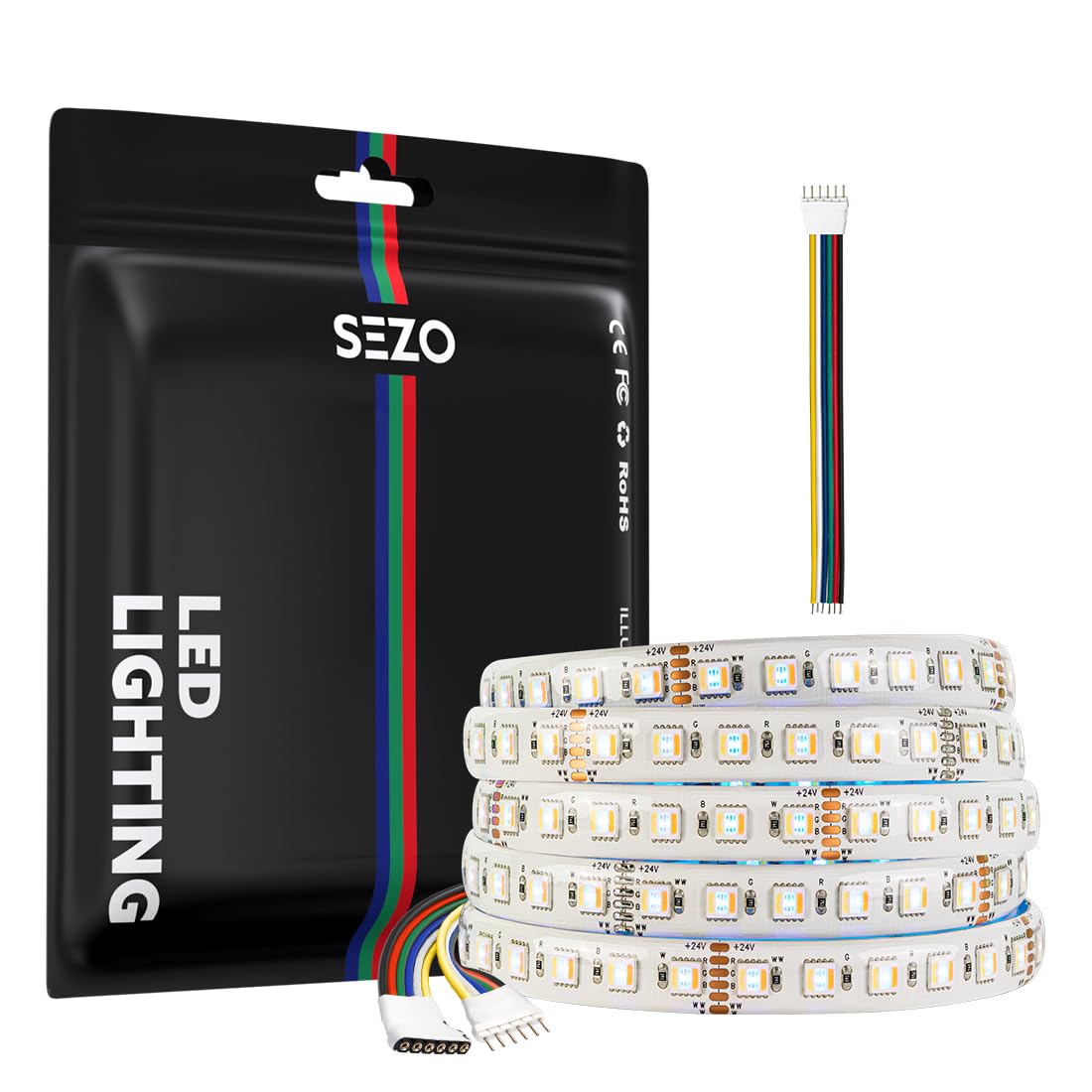 SEZO 5050 RGBCCT Ruban LED 5 en 1 RGB+ Blanc Chaud 3000K-6000K 12V 5M 96LEDs/m IP65 étanche RGBW RGBWW Bande LED ultra-lumineuse pour l'éclairage de la Maison et de la Chambre à Coucher(Blanc)