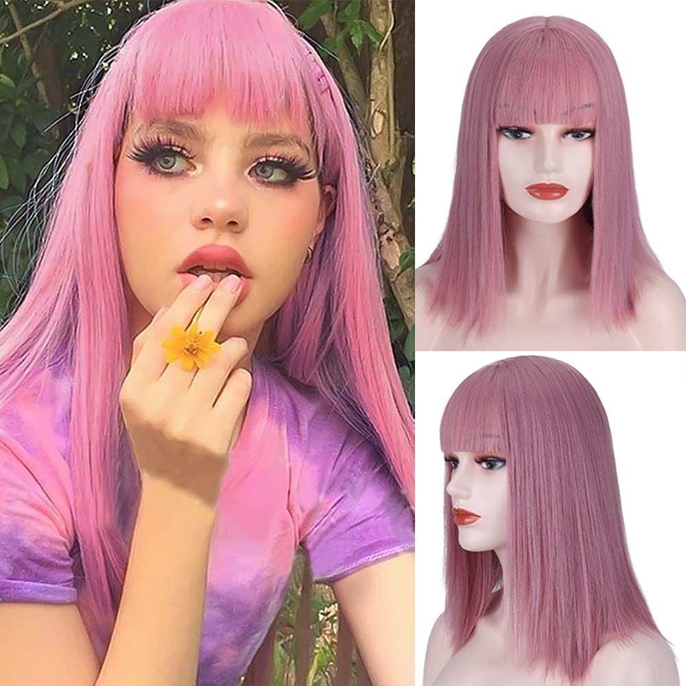 Short Bob Wigs With Air Bangs, Shoulder Length Synthetic Cosplay Wig for Girl, Straight Colorful Costume Pink Wig for Women, Natural Looking Heat Resistant Fiber Wigs for Daily Party(14'',Pink)