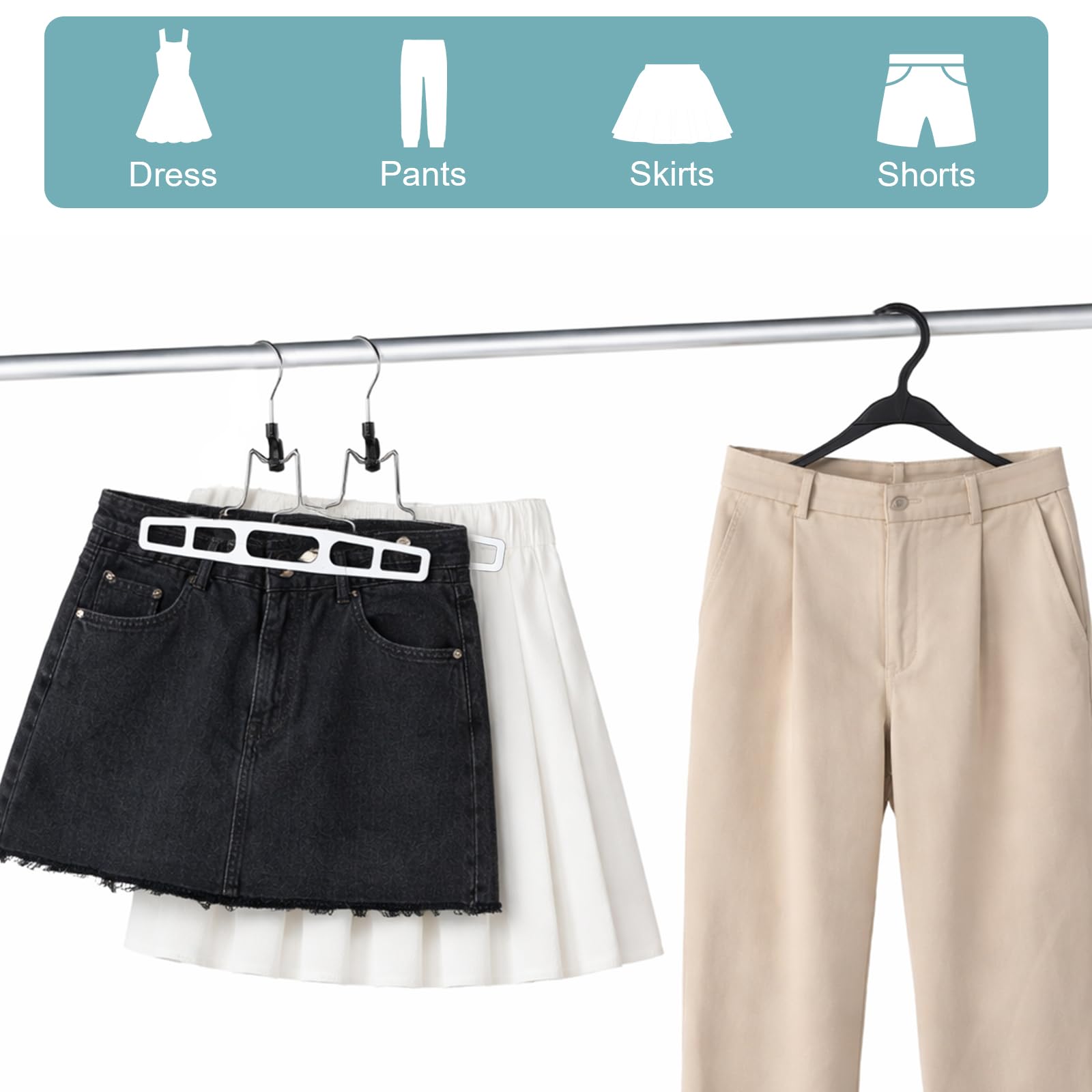 Confezione da 20 grucce bianche per pantaloni e gonne, regolabili, con clip, resistenti, con gancio girevole a 360°, per jeans, pantaloncini e vestiti