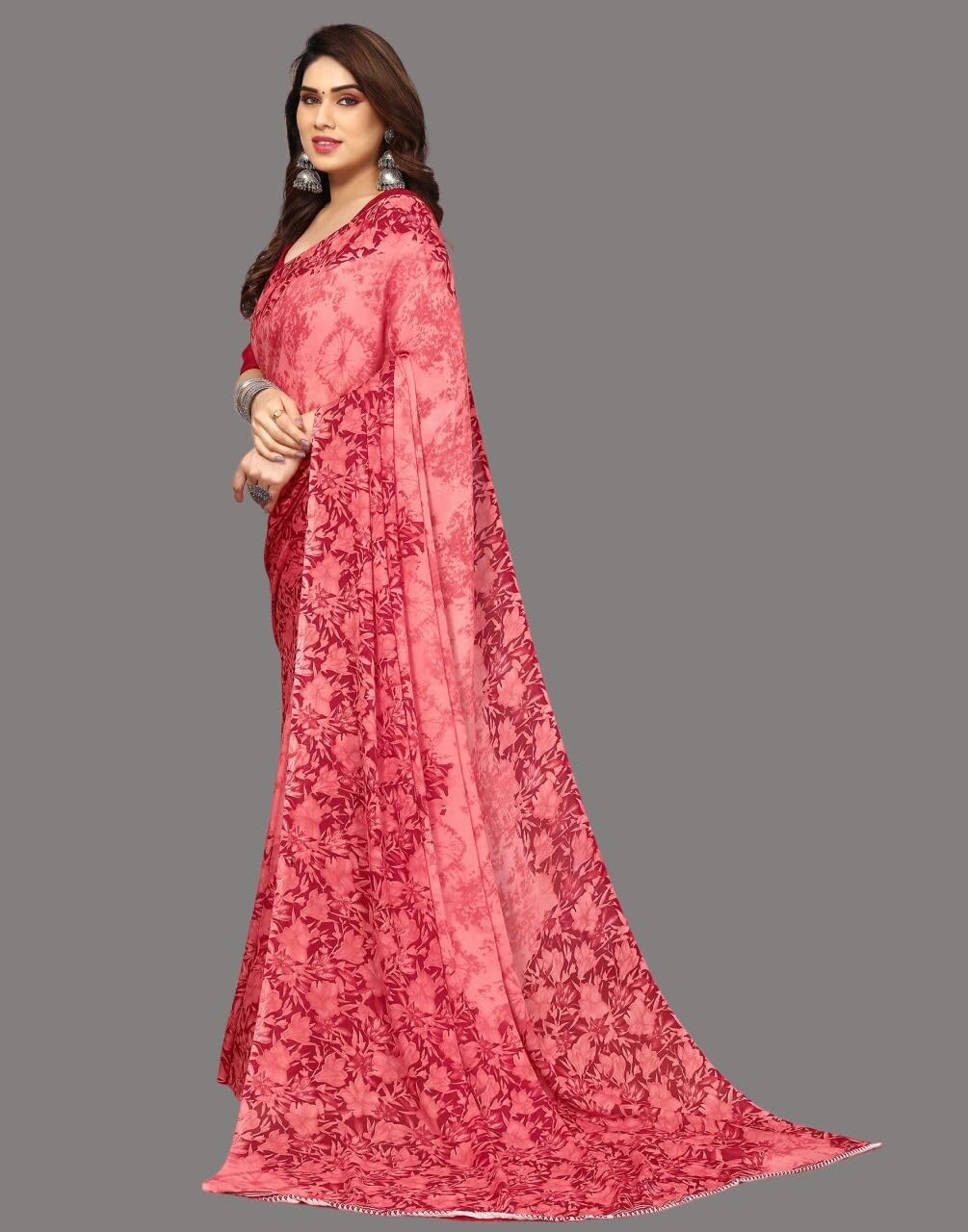Shiv Textiles Women's Georgette Floral Printed Saree(247S111_Maroon)