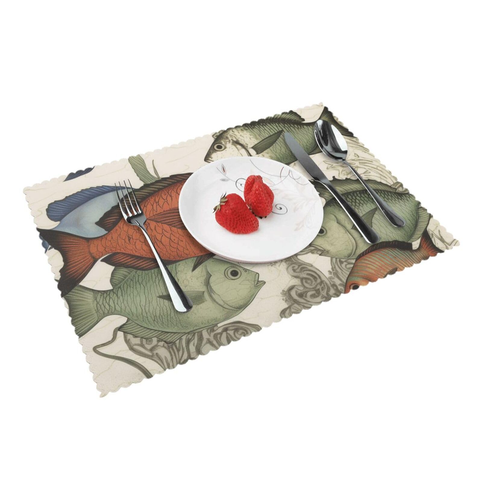 Fish Printed Placemat Heat Resistant Place Mats Set of 4 PCS Washable Kitchen Table Mats, 12x18 Inch