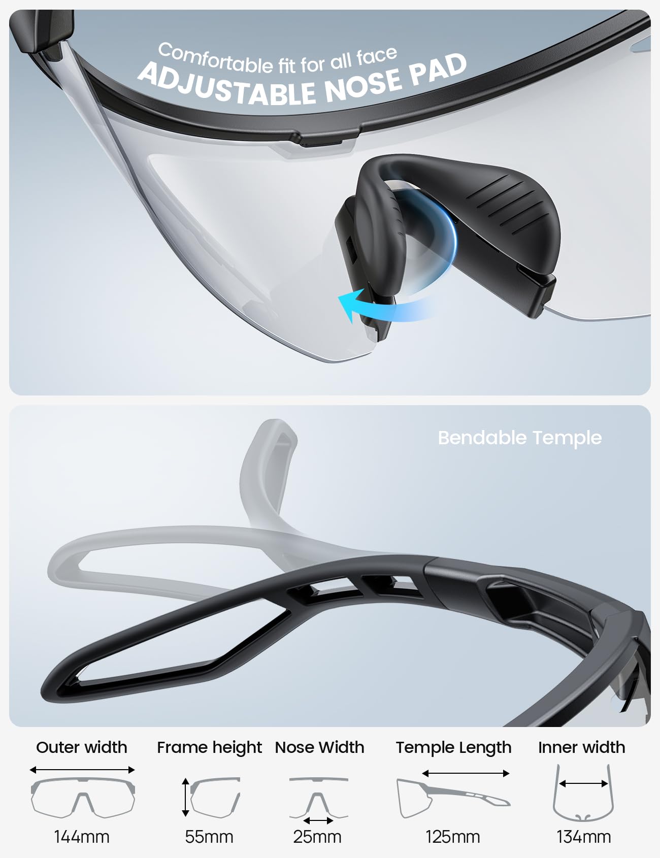 Lamicall Lunettes de Cyclisme Photochromiques, [3S Photochromic] [28g Ultra-Légère-TR90] Protection UV400, Plaquette de Nez Réglable, Lunettes de Soleil de Sport Homme Femme pour Pêche/Sports Outdoor