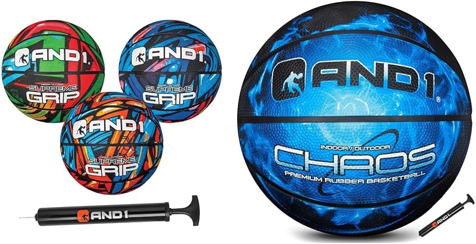 AND1 Mini Basketball 3 Pack Set for Kids with Pump Chaos Basketball Official Regulation Size 7