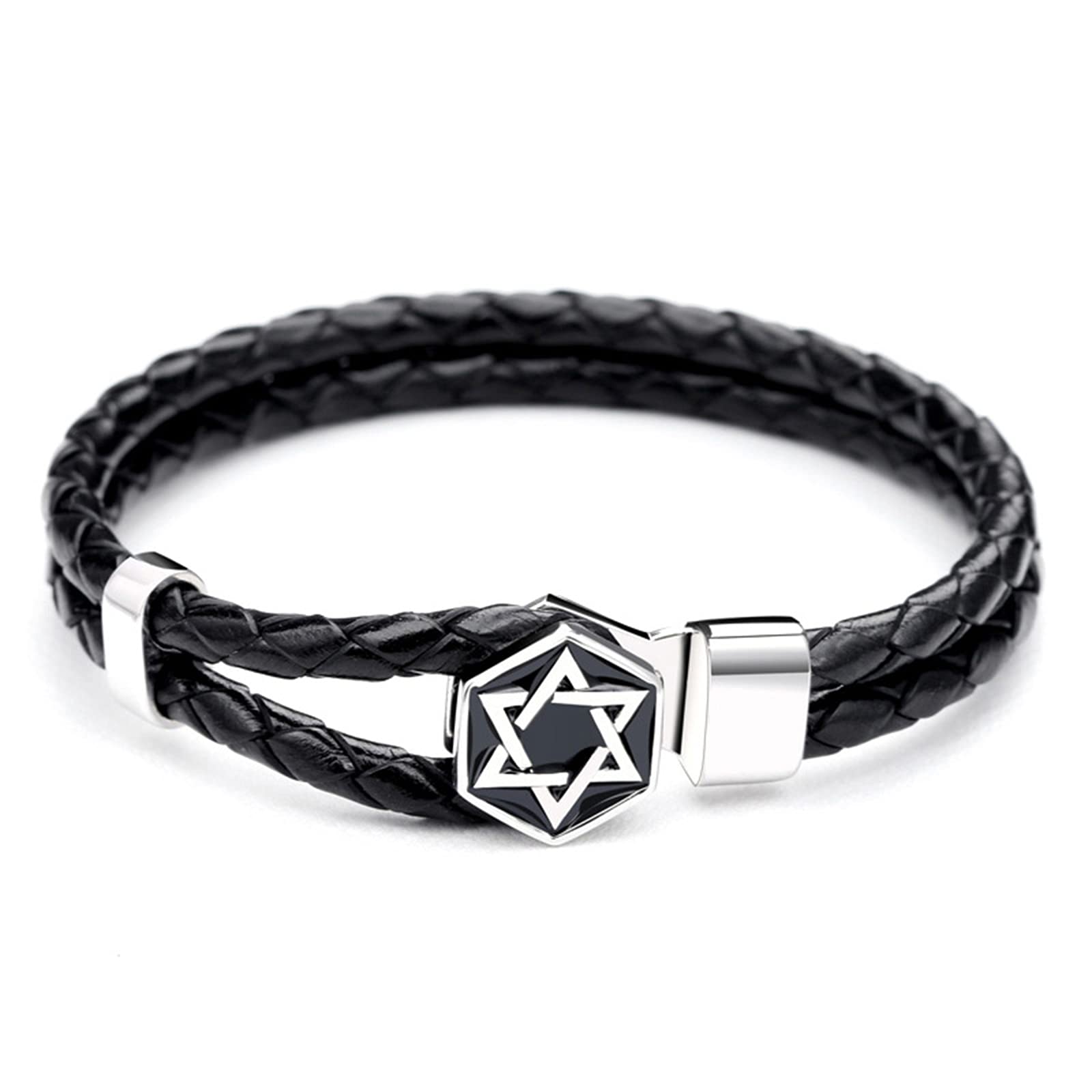Pulsera trenzada de cuero de la PU de las PU de los hombres de los hombres - Pulsera de estrella de esterlina de 925 de la plata esterlina a mano, pulsera de cierre de estrella de seis puntas, longitu