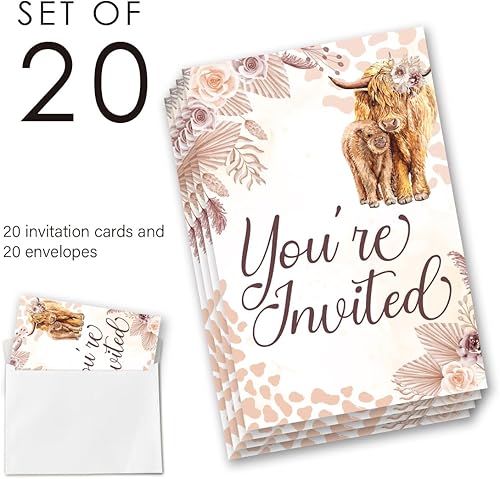 Miniatura 3 de EUDOSI Juego de 20 invitaciones de fiesta de baby shower con sobres, vacas santas, pampas, baby shower, doble cara