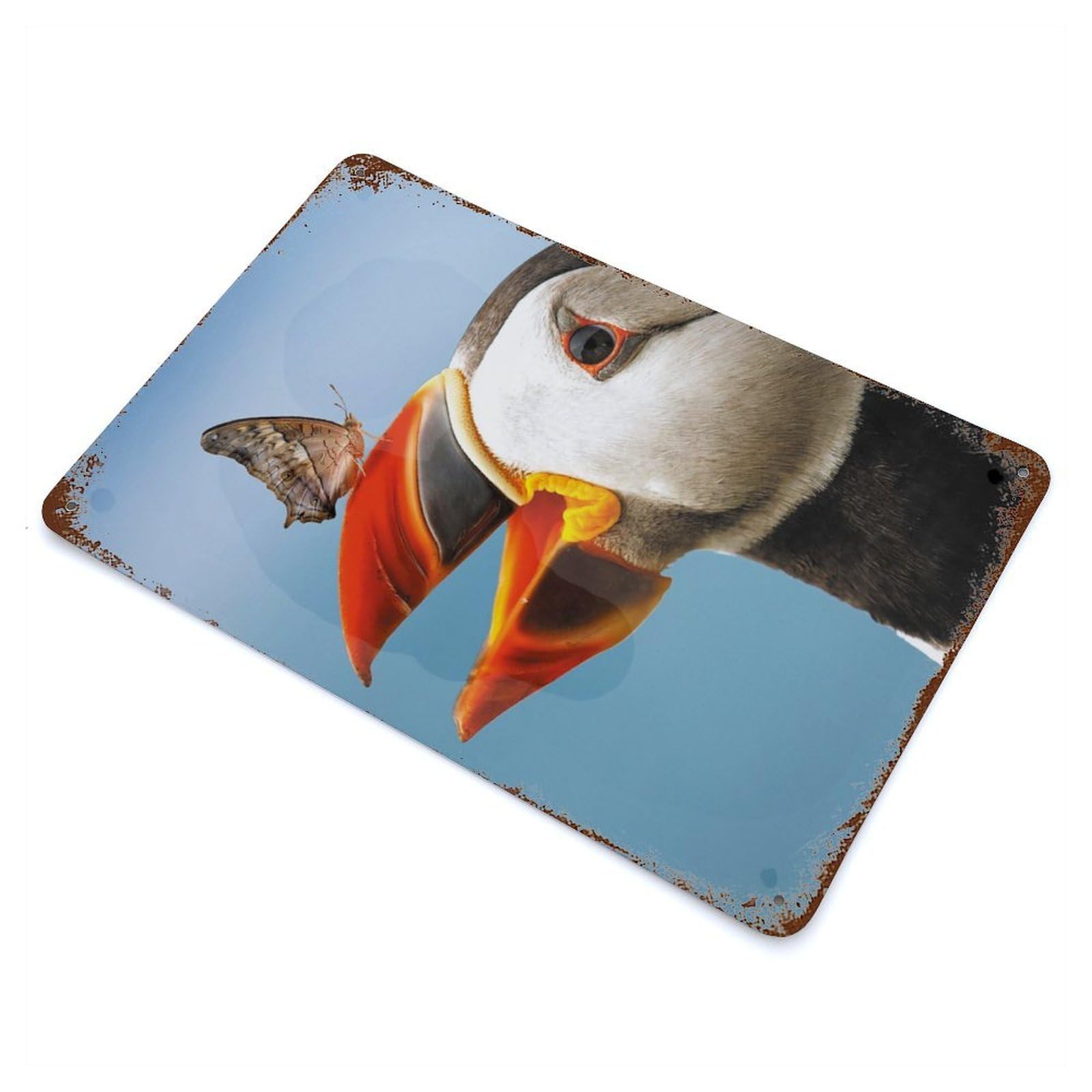 Atlantic Puffin Butterfly Distressed Metal Wall Sign 11.8"x7.9", Ideal for Garage, Bar And Workshop Decor