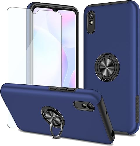 Asuwish Compatible con Xiaomi Redmi 9A Redme 9i Funda y Protector de Pantalla de Cristal Templado Slim Magnetic Ring Holder Stand Celular Accesorios