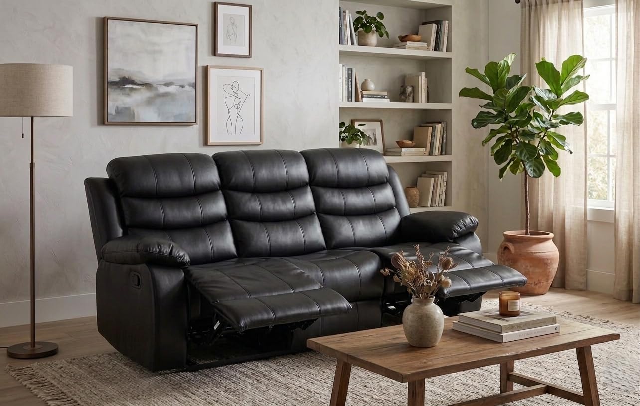 Divano Reclinabile 3 Posti in Pelle Nera con Portabicchieri – Sofà Relax Moderno con Sedili Reclinabili e Comfort Imbottito – 200 × 90 × 90 cm