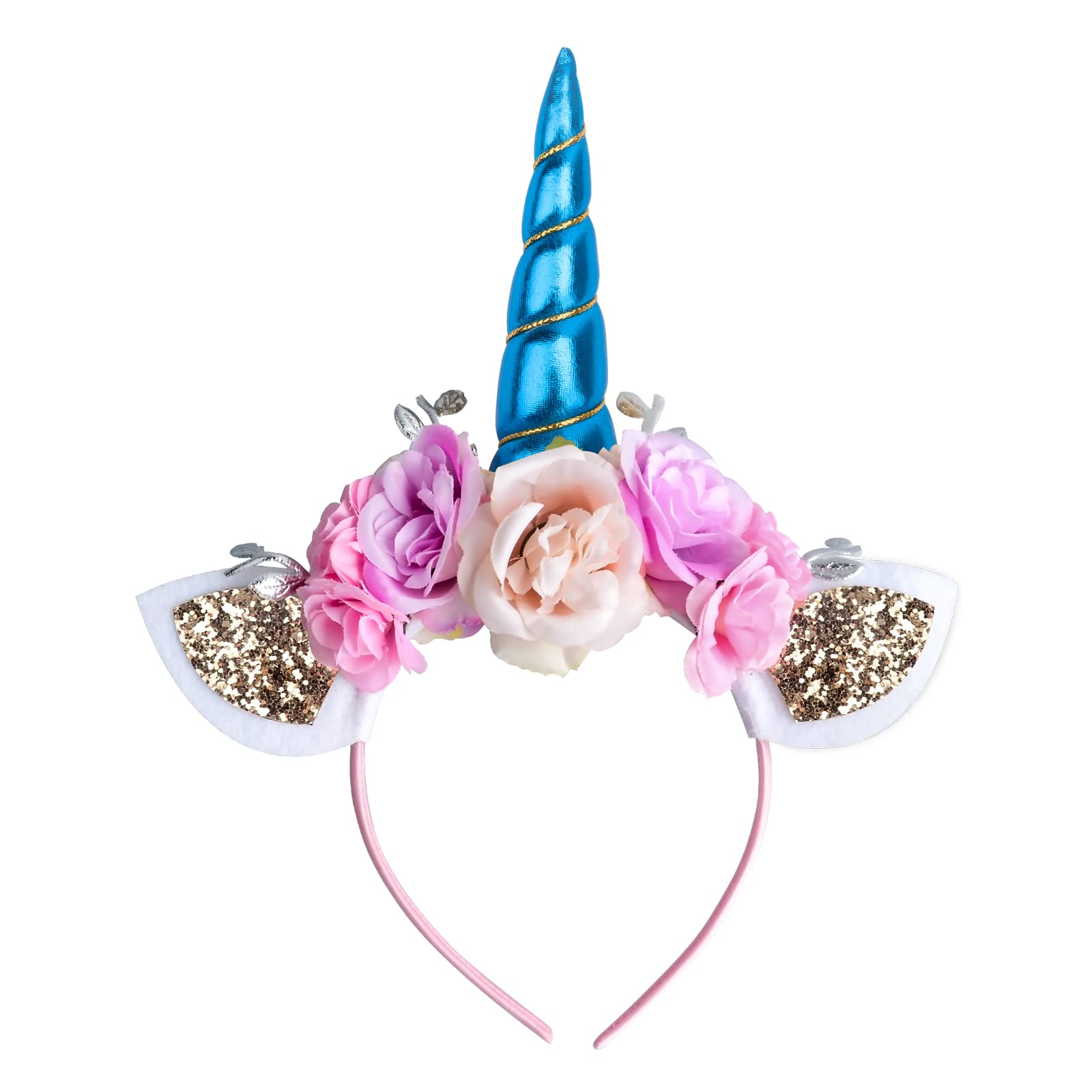AHIER Unicorn Headband, Rainbow Glitter Horn Headband Cat Ear Head Bands Flowers Headwear Accessory for Unicorn Party Supplies