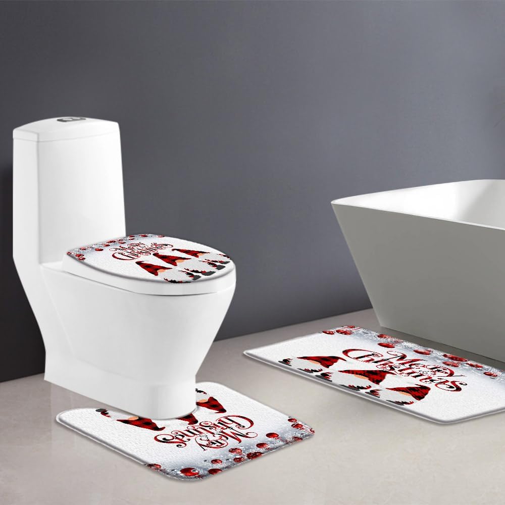 Sunhe 3 Piece Christmas Gnome Bath Mat Sets Cute Gnome Folklore Elves Red Black Buffalo Plaid Pine Twig Xmas Balls Winter Holiday Bathroom Rug,Toilet Seat Cover,U-Shaped Floor Mat