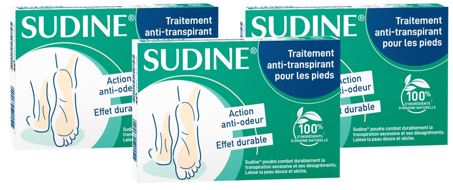 Lot de 3 - Sudine Poudre Traitement Anti-transpirant - Pied - Régule la transpiration - Absorbe - Prévient les mycoses - Sans sels d’aluminium - Fabriqué en France - Boite 6 sachets-doubles