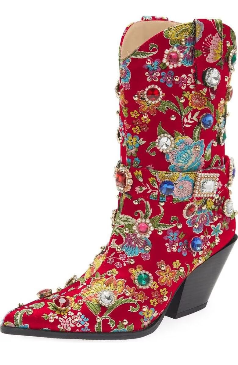 GPXGPX Western Cowboy Boots For Women Flower Embroidered Rhinestone Mid Calf Pointed Toe Chunky Heel Cowgirl Boots