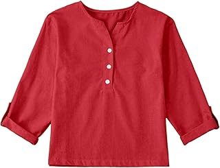 Blusa de algodón para niñas, estilo bohemio, manga larga, 3/4, cuello en V, botones, color sólido, ligera, holgada, transpirable, ropa lisa