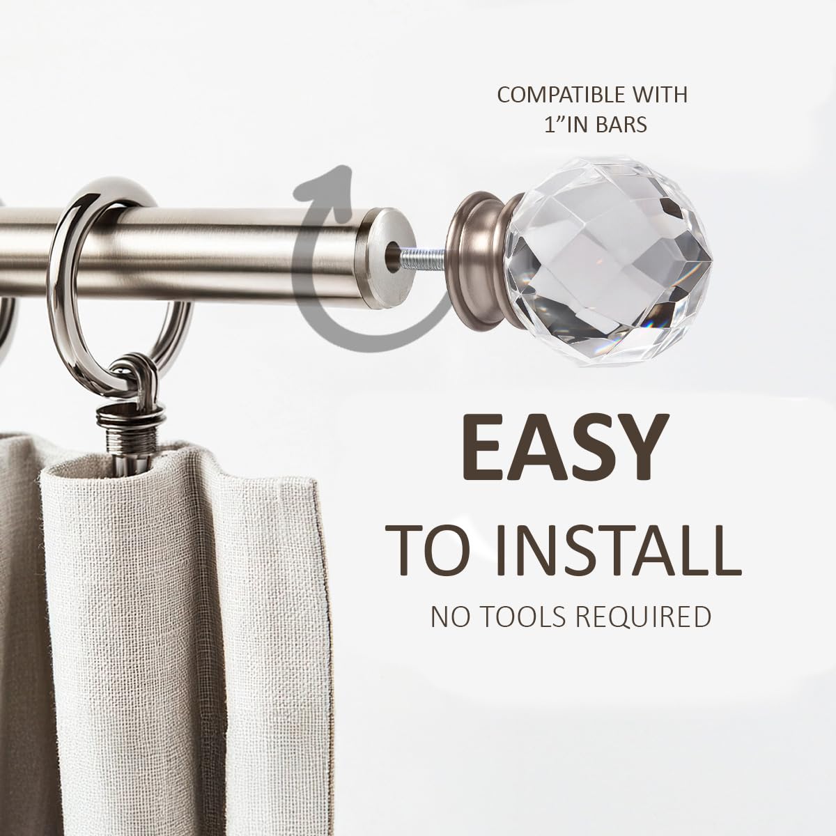 Brushed Nickel Faceted Gunmetal Acrylic Crystal Sphere Decorative Curtain Rod Finial Set of 2 (Nickel Crystal)