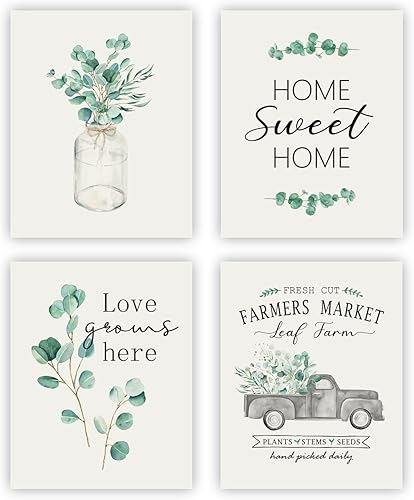 heilkee Decoración moderna de pared de casa de campo, eucalipto verde salvia, camión viejo con hojas, impresiones artísticas para baño, cocina, sala