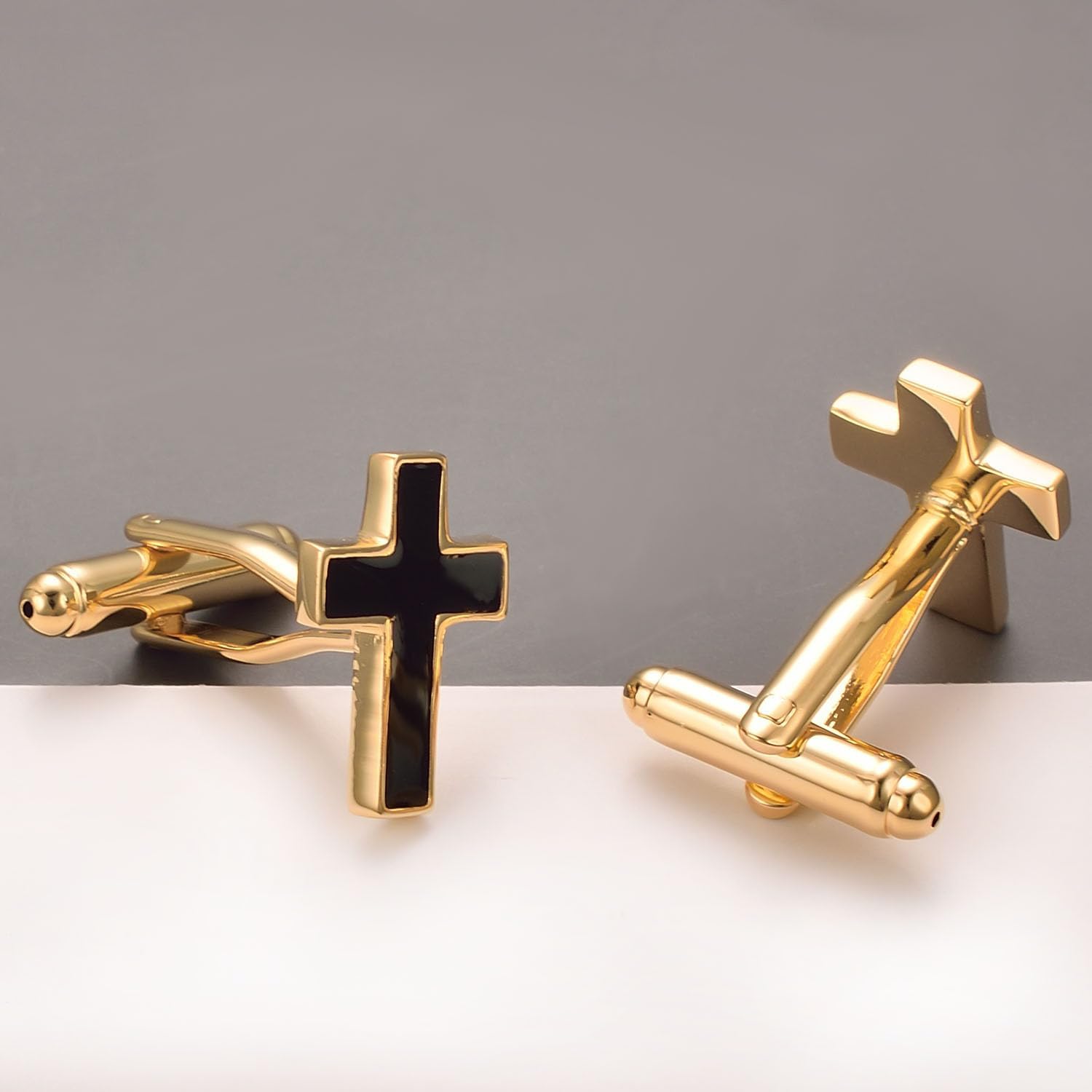 Gold Cross Cufflinks Cuff Links for Mens Black Epoxy Christian
