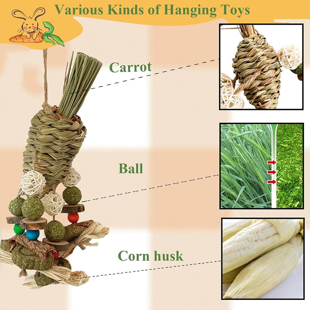 Giocattoli Da Masticare Appesi Per Conigli - Set Naturale Con Erba, Carota, Legno Per Piccoli Animali - Foto 9