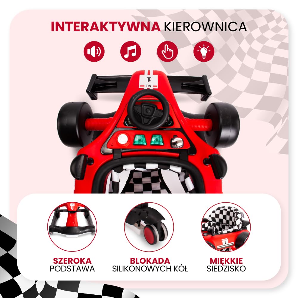 Sun Baby Chodzik dla dzieci od 6 miesiąca, interaktywny i składany, funkcja pchania, 3-stopniowa regulacja wysokości, silikonowe kółka, dźwięki, światła (Czerwony)