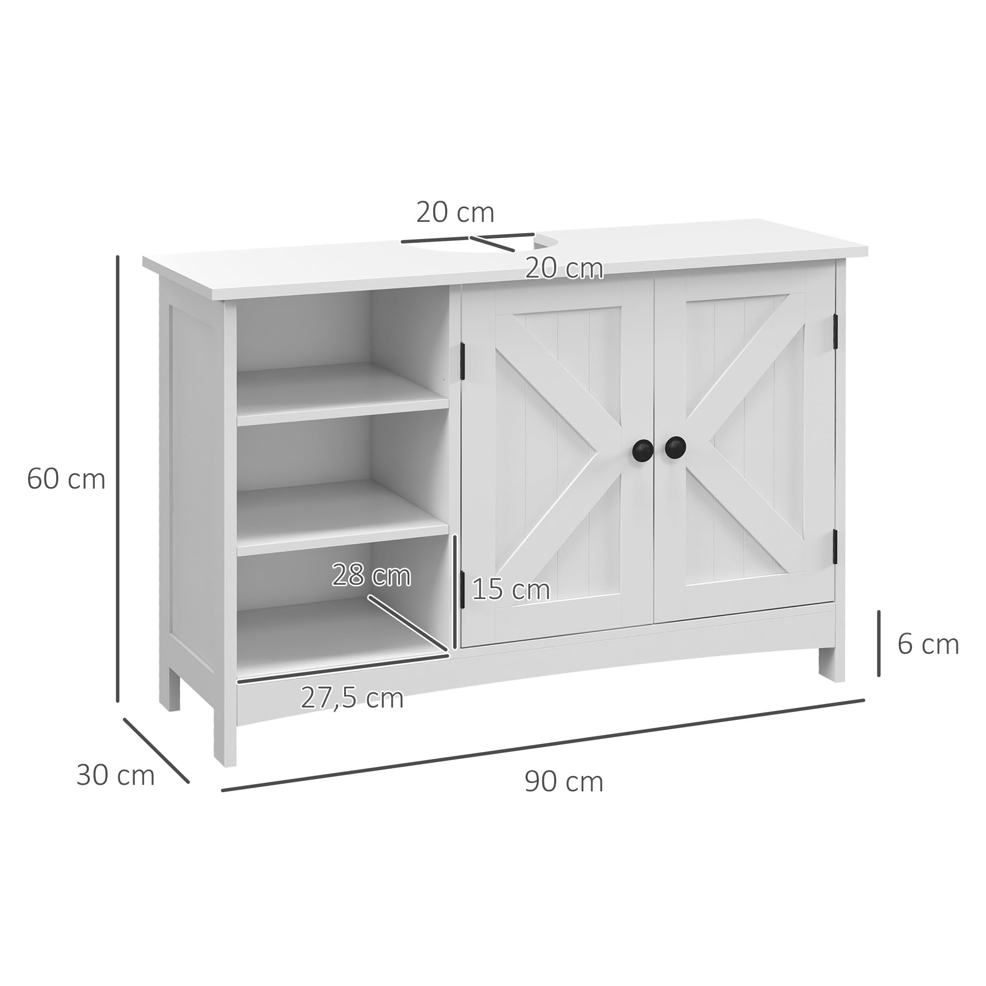 kleankin Mueble para Debajo del Lavabo Armario para Baño bajo Lavabo Moderno con Estantes Ajustables 2 Puertas y Antivuelco 90x30x60 cm Blanco
