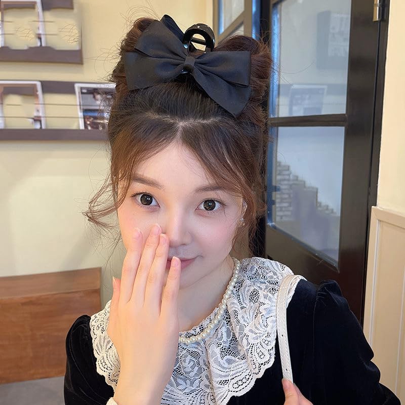 Black Hair Bows Claw Clips for Women Girls Bowknot Hair Claw Jaw Clips Barrettes for Thick Thin Hair Nonslip Bow-knot Claws Clamps Large Satin Hair Bow Clip Strong Hold Hair Claws - Image 2