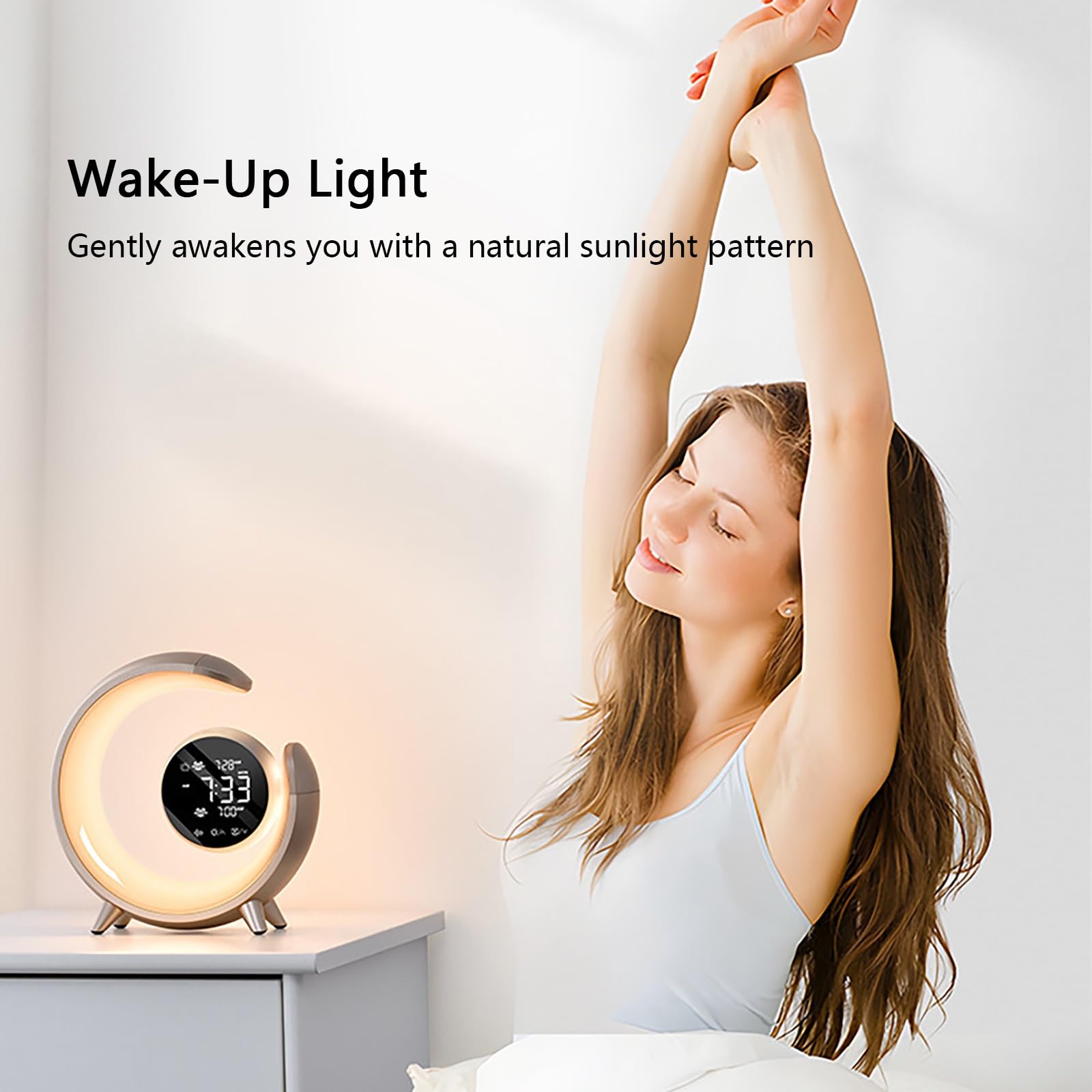 Sunrise Alarm Clock Wake Up Light, Zwei Weckfunktionen mit Sonnenaufgangssimulation, Naturgeräuschen, Farbwechselndem Nachtlicht und Display für Sanftes Aufwachen