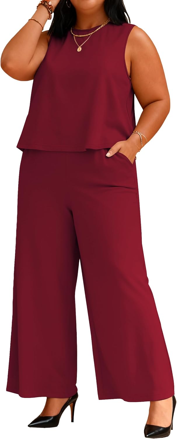 TOPSRANI Womens Plus Size 2 Piece Outfits Casual Lounge Sweatsuits Tracksuit Sleeveless Baggy Wide Leg Long Pants Sets