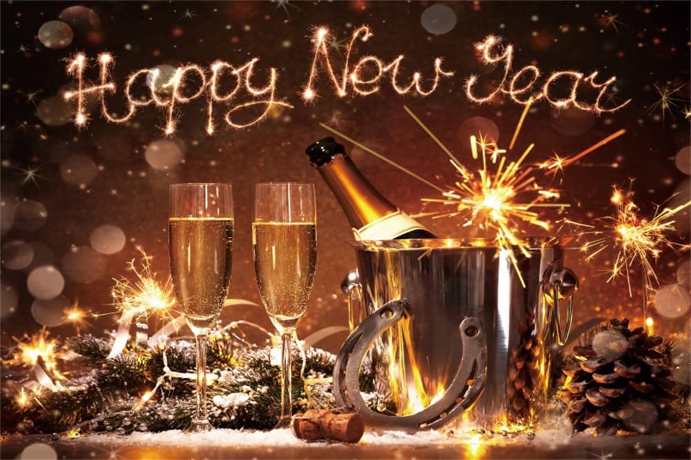 Happy New Year Banner - Gold Glitter Banner With Champagne Glasses, DIY Decoration Kit For Party