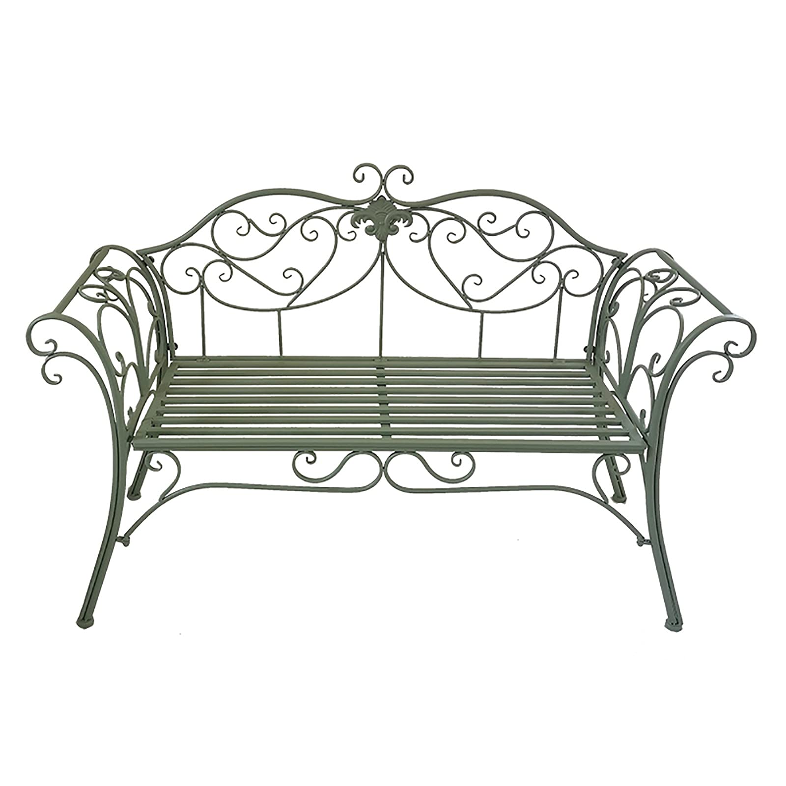Banco de jardín verde para patios y porches con elegante diseño de hierro