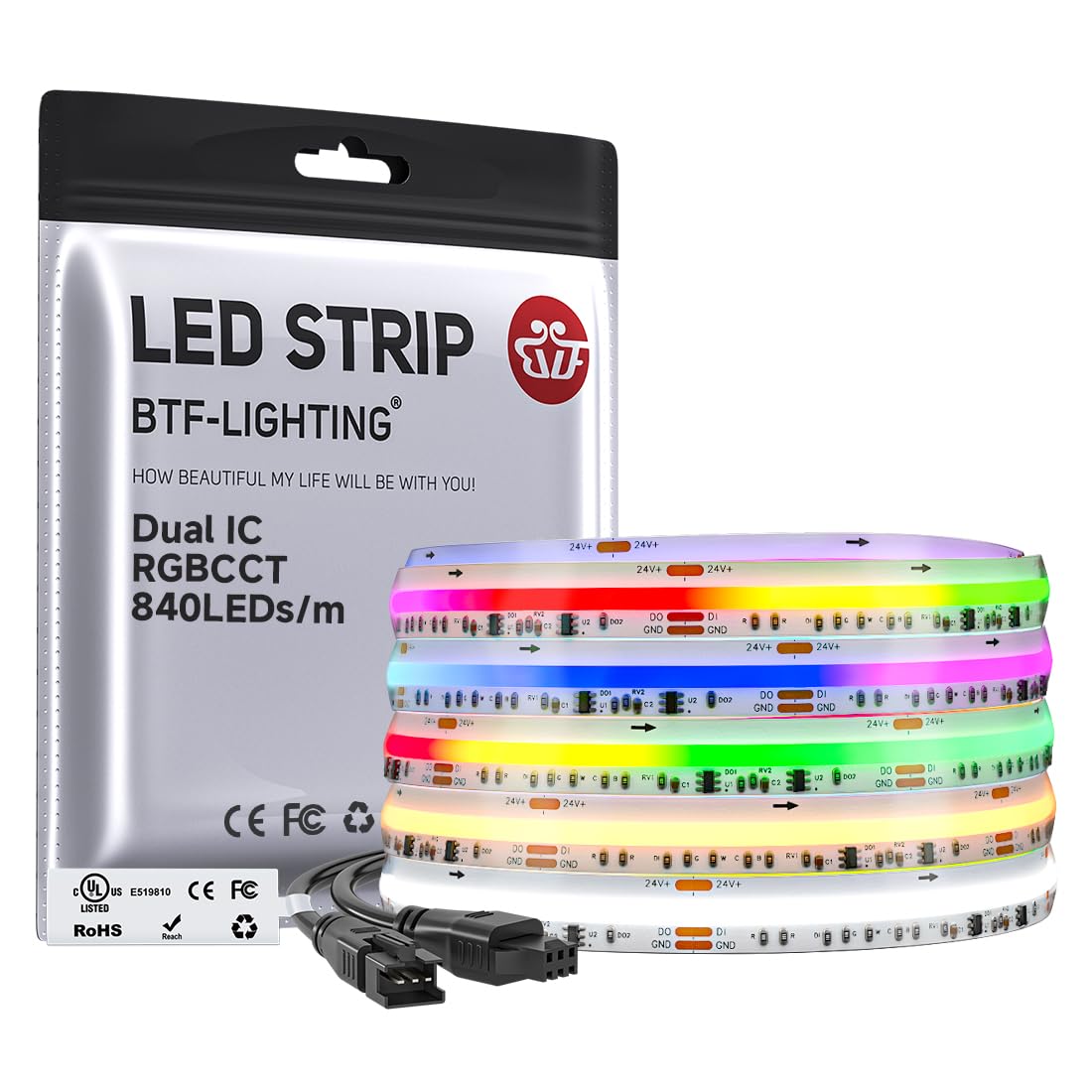 BTF-LIGHTING FCOB COB SPI RGBCCT Addressabile Striscia LED Doppio IC RGB+CCT Dream Colour Bianco Regolabile 3000K-6000K Alta Densità 5M 840LEDs/m 24V IP66 PCB Bianco per DIY Interni (Solo Striscia)