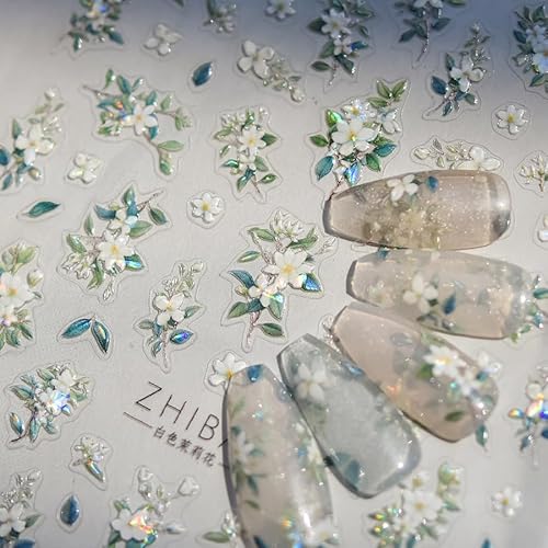 Phuryllic 3D Nail Stickers for Nail Art, Embossed Self-Adhesive Cute Nail Charms & Decals for DIY Nails, Easy-to-Apply Nail Design Supplies & Accessories for Home Manicure-Jasmine