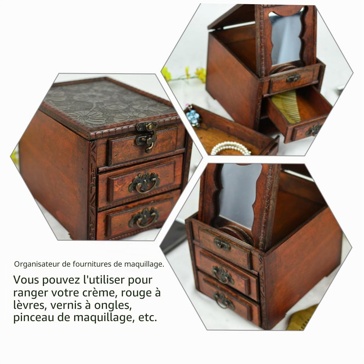 Alipis Coffret à Bijoux en Bois Vintage avec Miroir, Organisateur de Rangement pour Colliers et Boucles D'oreilles, Style Chinois Charmant, Protège Dommages pour Présents Spéciaux