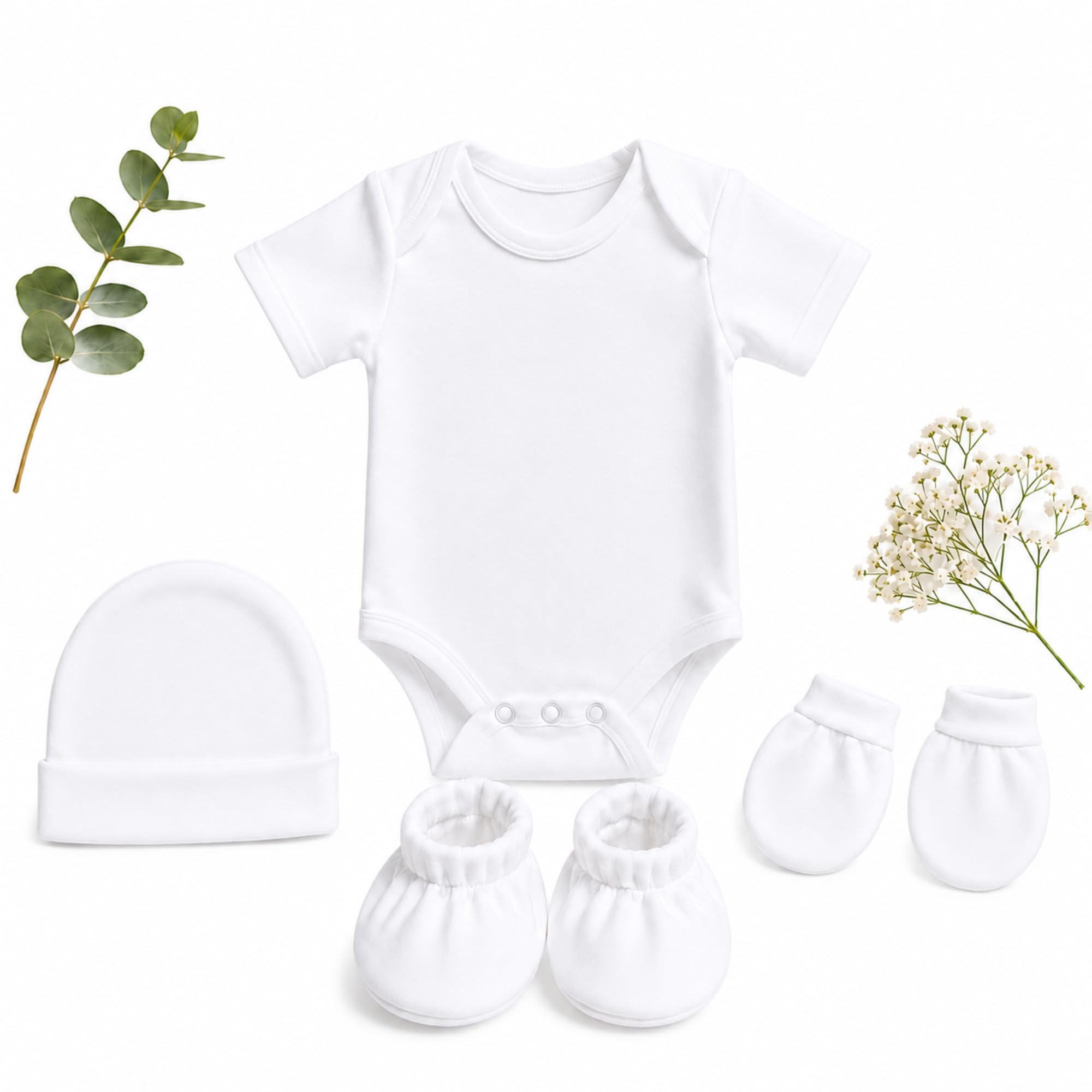 MumsLap Everyday Essentials For Newborn Clothing Set 4 Pcs | Soft Cotton Short Sleeve Onesie Bodysuit, Cap, Mittens & Booties | Hospital, Baby Shower & Daily Wear (White)-image-26